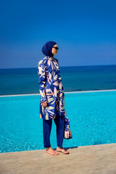 Burkini Modest Swimwear Set marineblau mit Blattmotiv - 4-teiliges muslimisches Badeanzug Set von Riva Mera by Marina